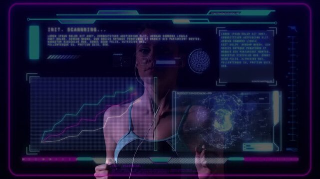 Woman doing fitness motions while HUD reading INIT SCANNING and updating graphs for tracking