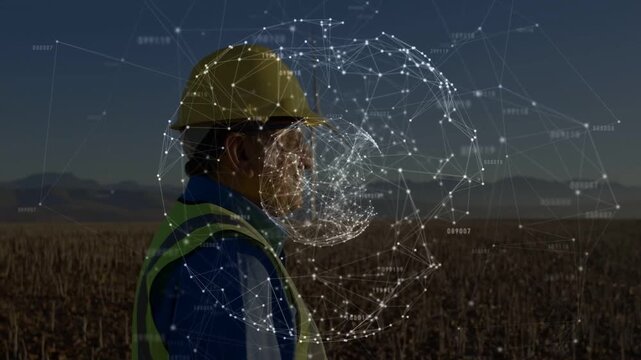 Field engineer standing in field, globe appearing, orbiting head, forming ring, mapping crop data
