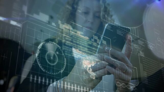 Adult female tapping smartphone, initial thumb press starting HUD animation, viewing live map data