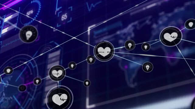 Central heart node sending lines across navy dashboard, forming health-monitoring network