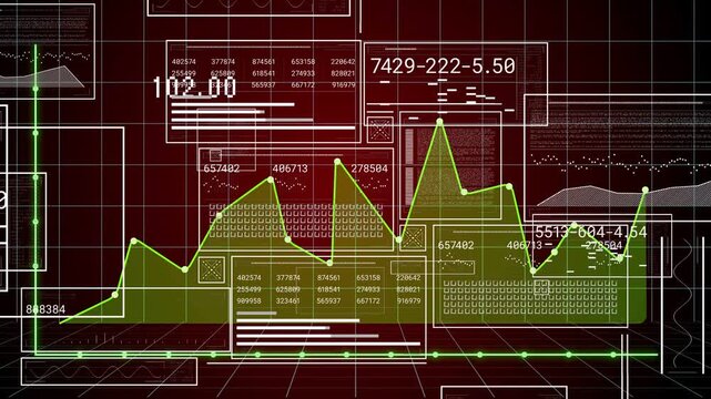 Numeric readout updating, green polyline progressing across grid, highlighting nodes for finance