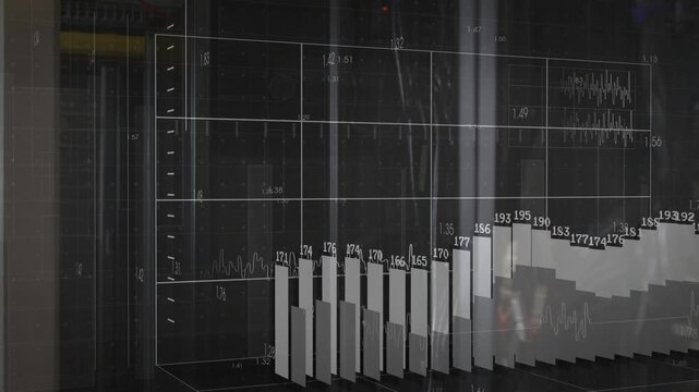 Grid appearing, 3D bars generating leftward, rising with ghosting, fading, showing server metrics