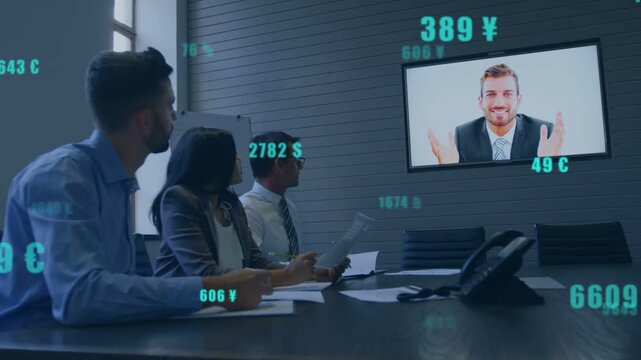 Host starting talk while 3 team watching, noting and tracking floating currency data for review