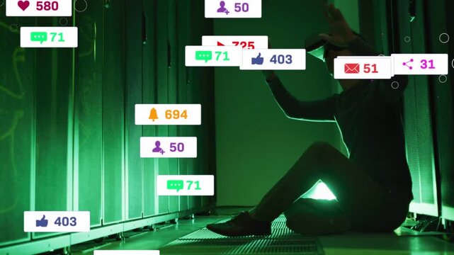 VR user testing social alerts UI on headset start in server aisle, overlays clustering near hands