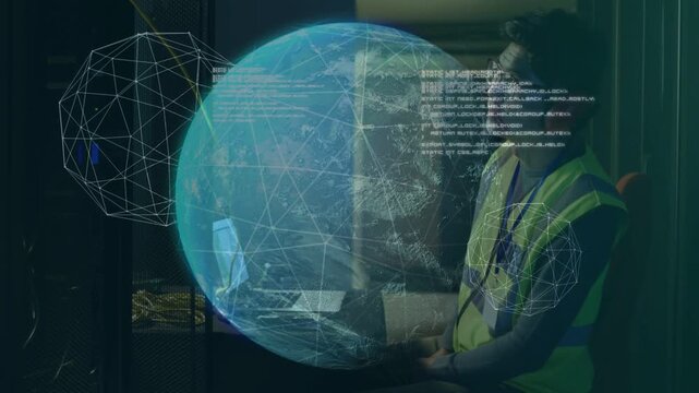 Male technician typing on laptop and activating globe overlay while monitoring technology code