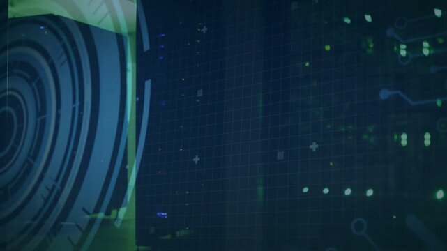 Tech set animating on start, code cycling, panel pulsing, rack LEDs blinking to indicate status