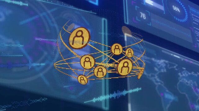Holographic network globe appearing and rotating with gold nodes and lines reshaping showing data