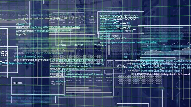 System boot starting HUD UI expanding over blue grid, code flowing, gauge filling for tech ops
