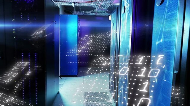 On data surge server corridor projecting binary overlay, digits flowing forward to show data flow