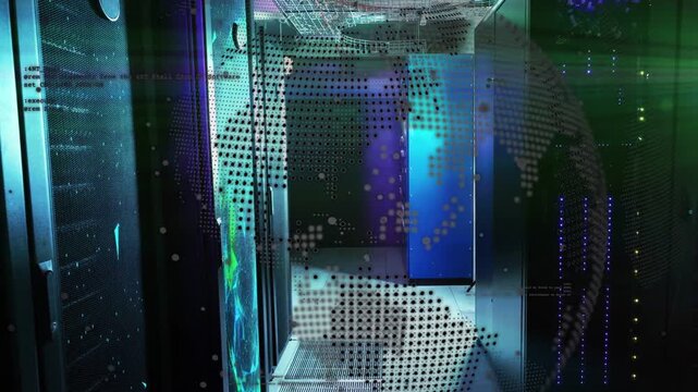 Data center rack aisle as camera drifting forward, globe overlay shifting, revealing blue cabinet