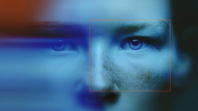 Close up of human eye with digital square frame and blurred face, technology and biometric identification concept for security and futuristic data analysis.