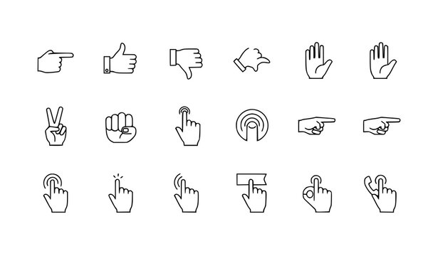 A set of hand gesture icons in a minimalist line art style for user interface design