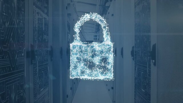 Luminous particles coalescing in server aisle after ping, forming padlock then shield for security
