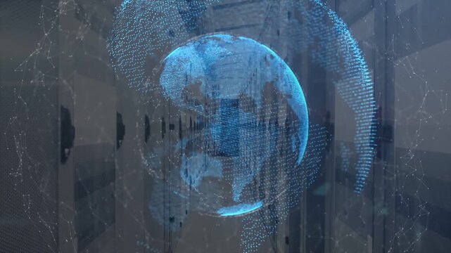 System booting and projecting pointcloud globe in rack corridor, rotating with arc bands for data