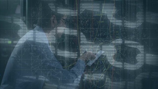 IT tech tapping tablet, tracing cables at data center, animated maps overlaying rack for testing