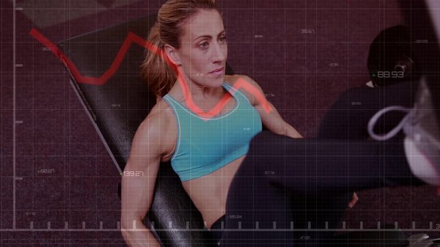 Woman starting legpress by pushing platform, HUD grid and red metric line tracking reps for fitness