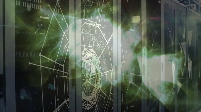 Core emerging over server racks sparking green cloud forming spinning web showing network anomaly