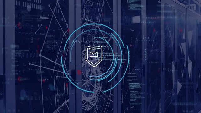 Blue tint fading over server racks, HUD emerging, cyan rings rotating, settling and securing email