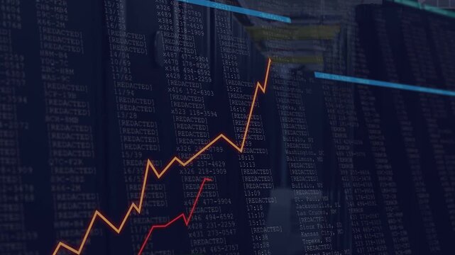 On start chart overlay rising in datacenter aisle, drawing orange and red traces showing IT metrics