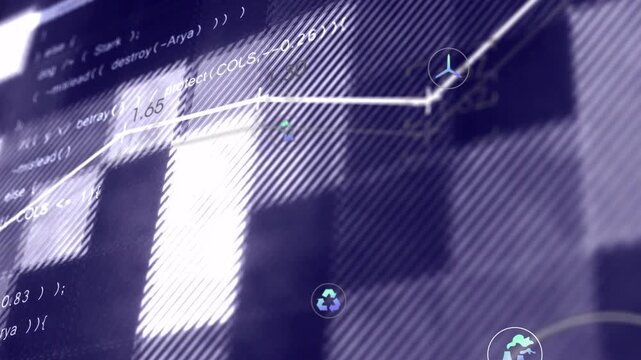 Polyline graph appearing, tracking across grid, hitting bar, pulsing nodes, showing eco data