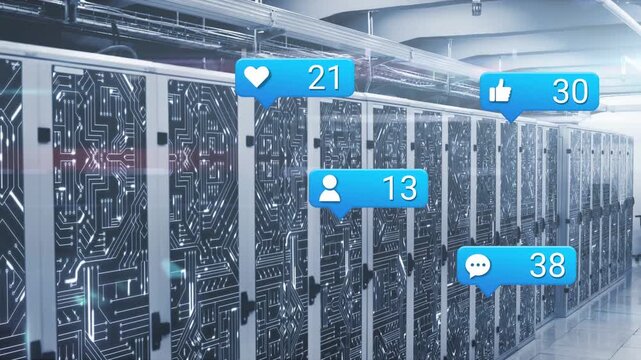 Long server rack row showing badges popping up after single blue bubble, showing engagement growth