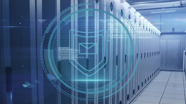Cybersecurity text appearing servers getting HUD with shield and mail icon scanning threats