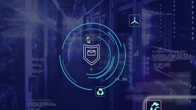 HUD icons appearing over server racks, rings rotating around shield mail showing energy metrics