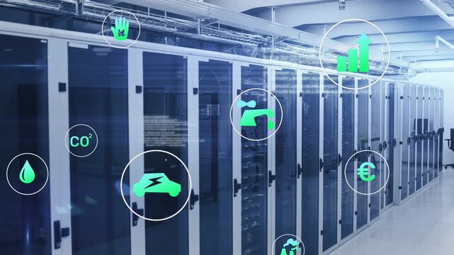 Server racks static in datacenter camera panning causing moving CO2 plug chart showing energy cost
