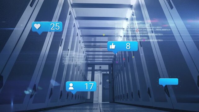 Blank blue bubble appearing in datacenter corridor, notification bubbles advancing, changing counts