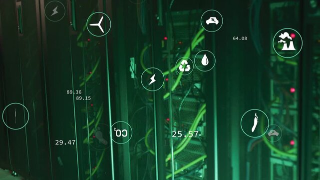 On data pulse, server rack with green cables showing telemetry icons, updating values, tracking CO2