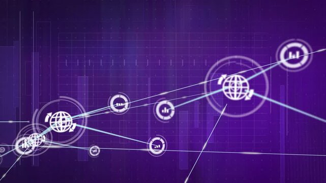 Hub emerging and spawning linked HUD nodes with globe icons over purple grid, mapping tech network