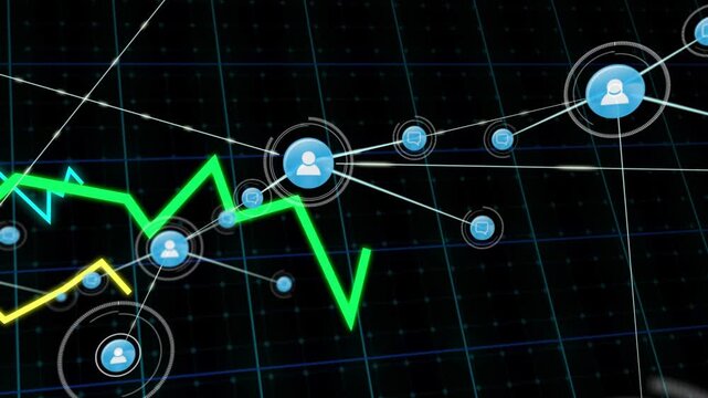 Single user icon sending link, forming blue nodes along green metric line, showing data flow