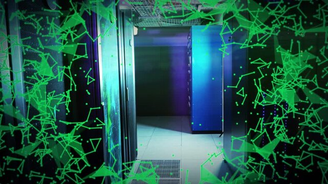 On playback server aisle showing green geometric overlay growing inward, mapping network flow