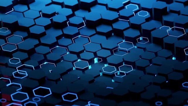 Abstract dark blue hexagonal background with glowing neon lights and moving geometric blocks in 4k.