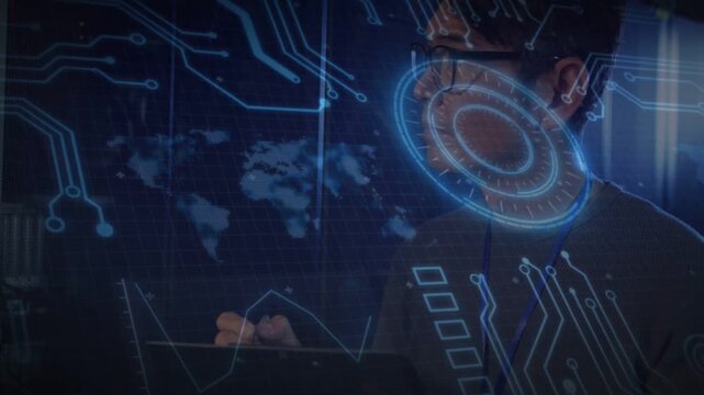Mature Korean man focusing on tablet, tapping stylus, holographic HUD appearing, visualizing data