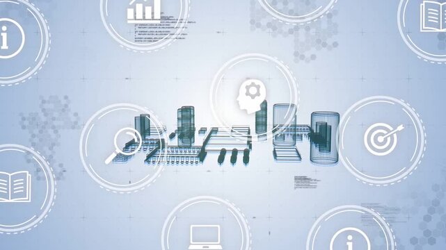 Blueprint driving array rising skyline with UI icons marking, merging rotating board for schematic