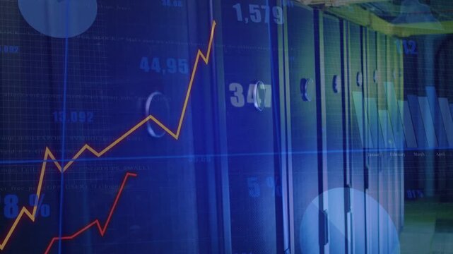 New data driving server racks, charts updating, orange line rising, dipping, numbers showing metric
