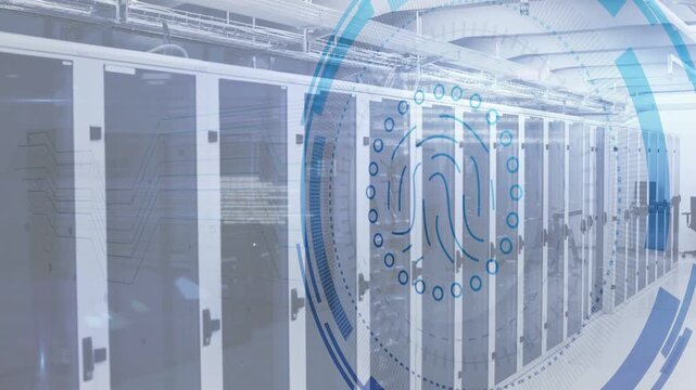Biometric HUD starting fingerprint scan over racks in data center, rings flagging security status
