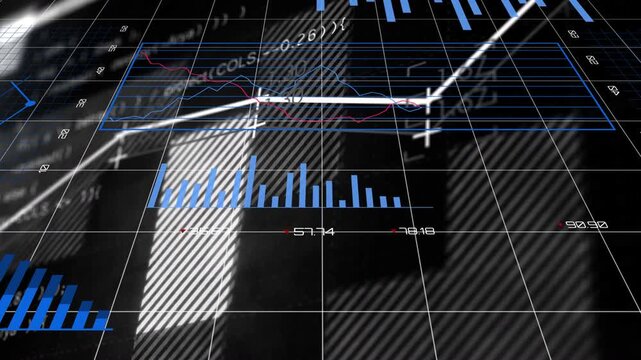 Pie or bar charts updating on dark grid, camera panning, white trend line tracing finance data
