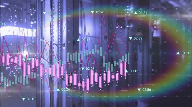 Translucent candlestick chart reacting on data update, animating candles, bars, line to show trends