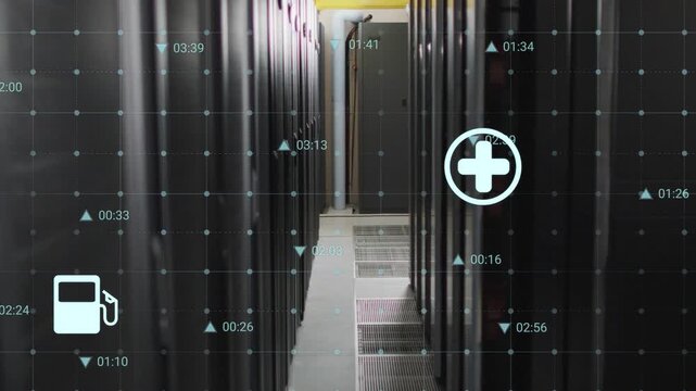 Data feed starting showing energy-to-car icons appearing across server aisle mapping usage