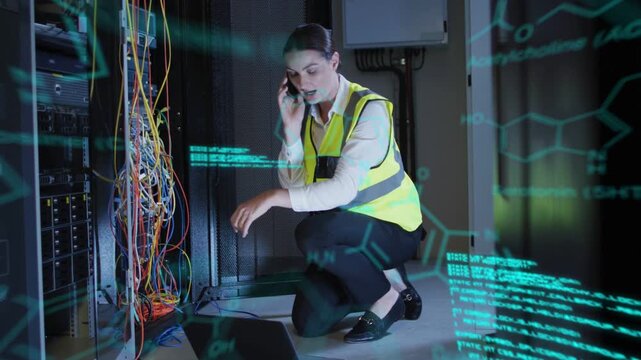 Woman IT tech placing hand on laptop, showing teal overlay and fixing network cables on phone