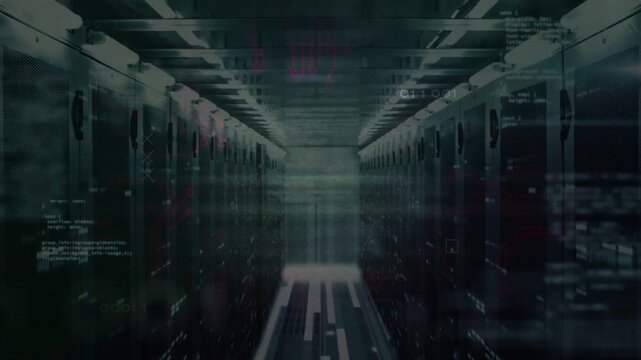 Central server-rack aisle pulsing and projecting UI after data surge, floor lights warning anomaly