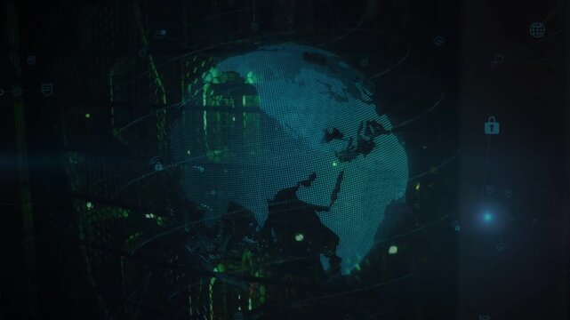 Control system starting rotation, dotted globe showing regions and projecting nodes for network ops