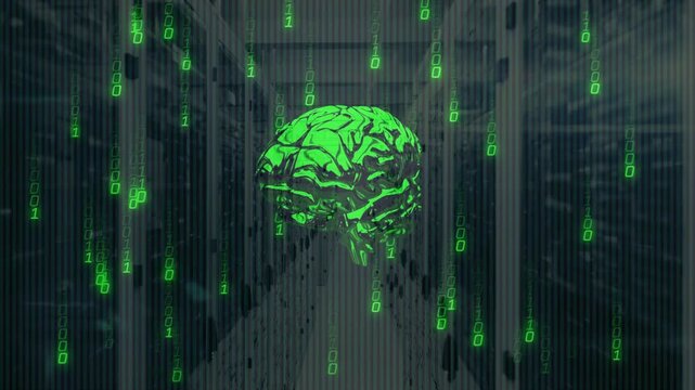 Binarycode rising sparking brainhologram forming datacenter rotating shedding pixels showing load