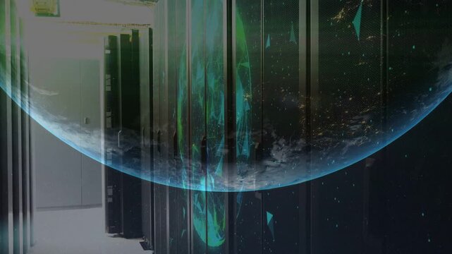 Planetary crescent overlay starting and moving down server aisle, blending aurora column with racks