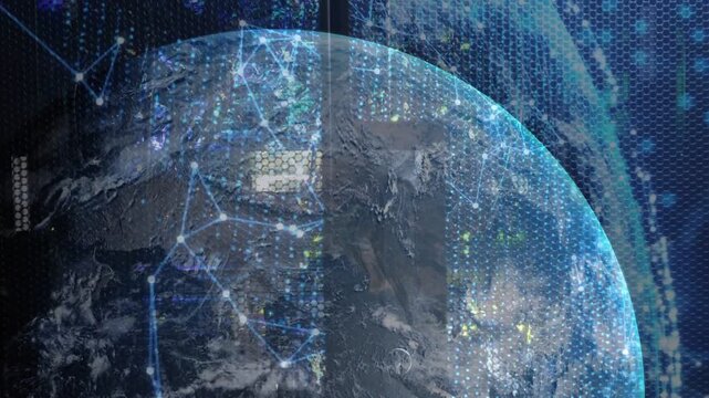 Data feed activating overlays, partial CGI globe rotating, pulsing network lines, visualizing data
