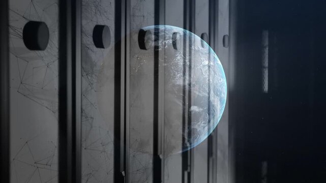 Vertical ribbed panels sliding, revealing Earth-like planet with bright rim for space observation