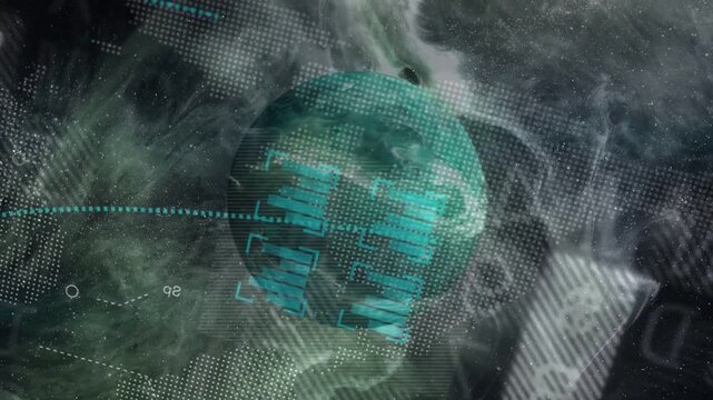On playback revealing teal sphere over nebula projecting turquoise blocks and nodes for data design