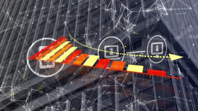 Overlay moving on wall, baseline moving arrow, bar growing, icons linking, mesh rising for business